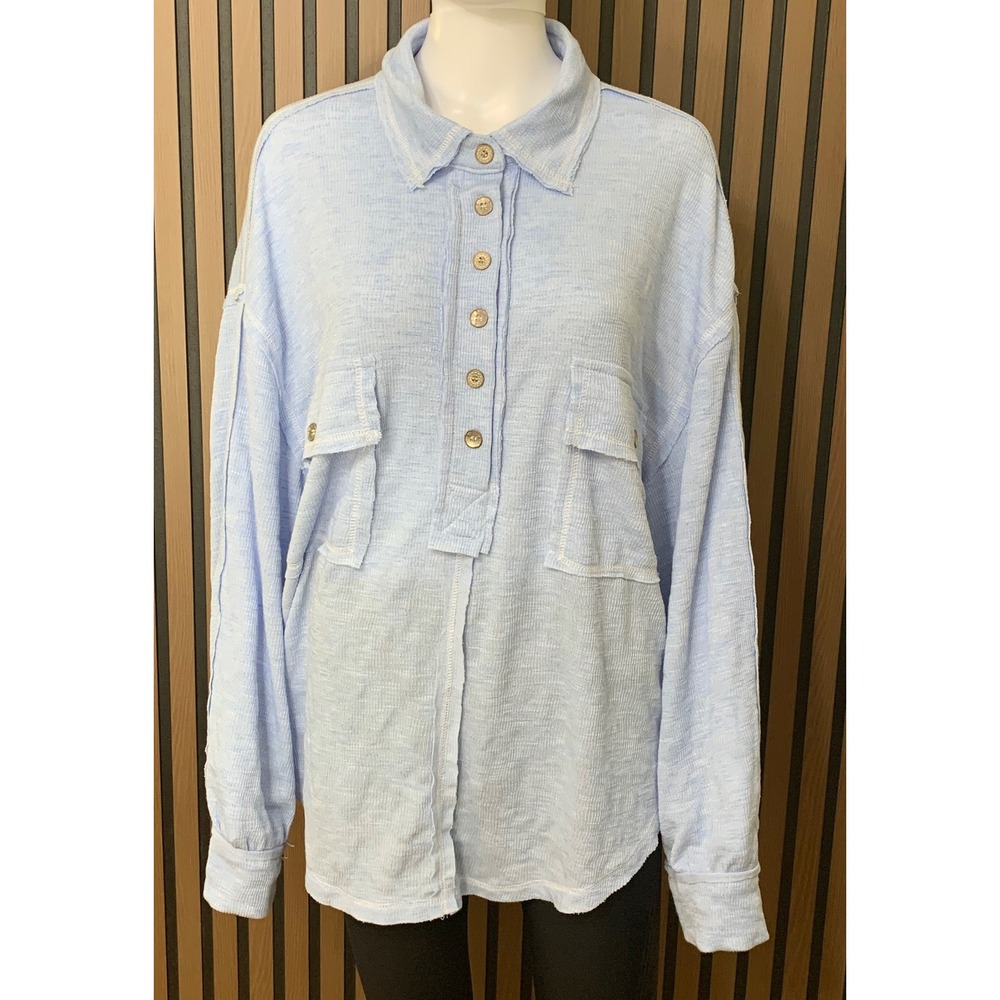 POL Anthroplogie Light Blue Slub Knit Button Front Top  Large Boho Relaxed